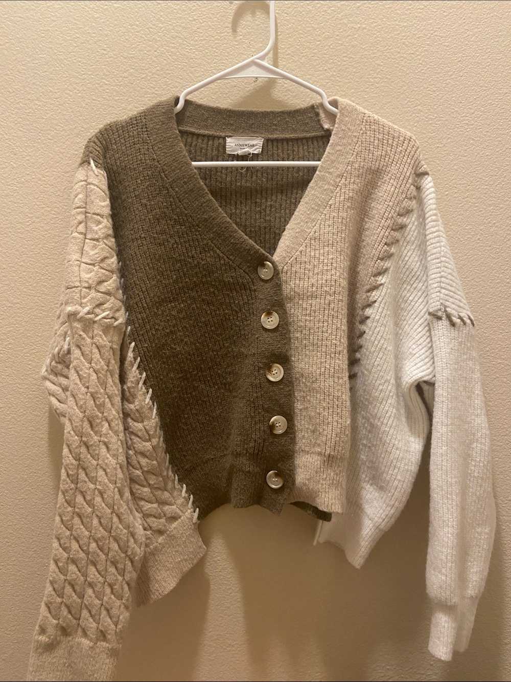 Two-Tone V-Neck Button Front Women's Sweater - brown& Cream size large